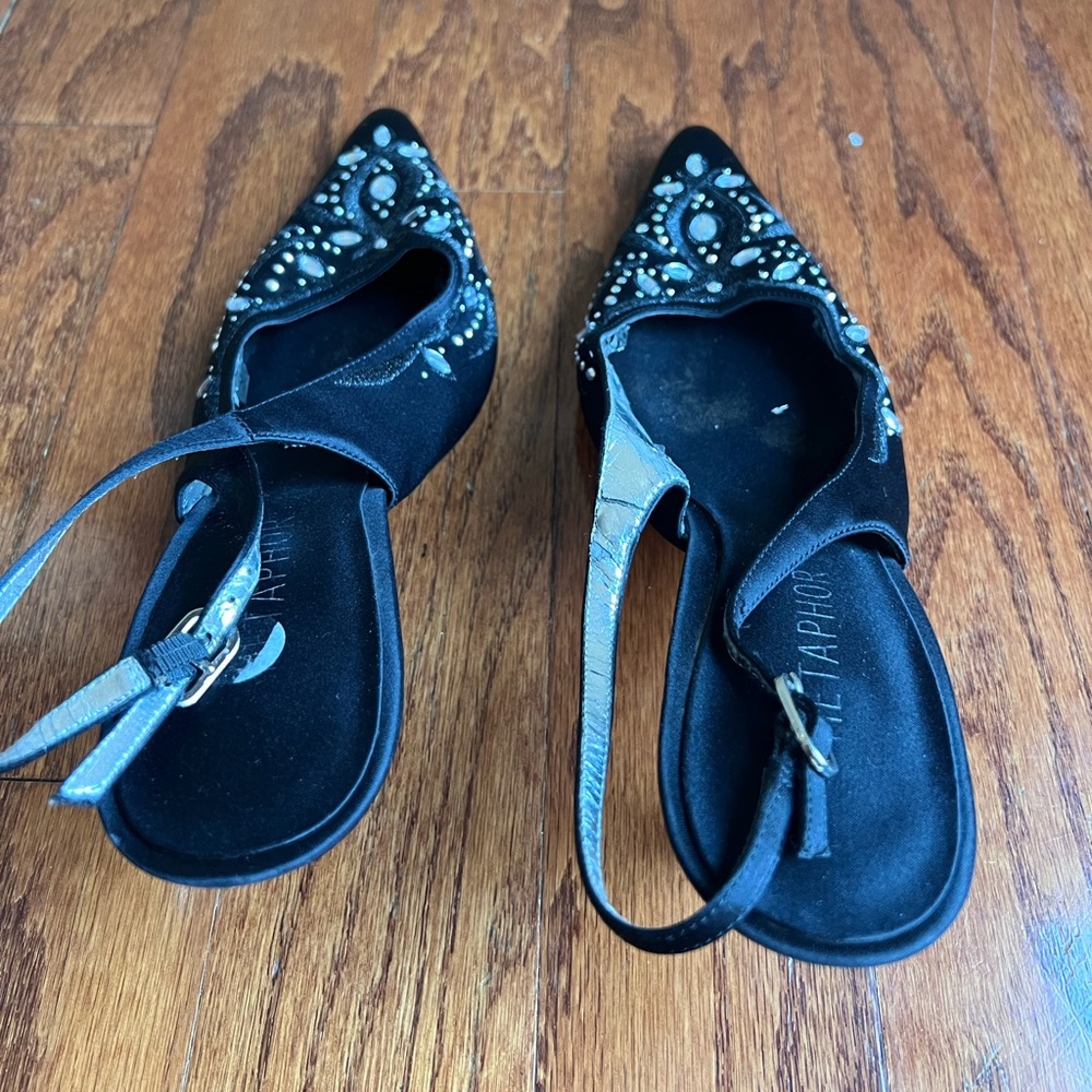 Metaphor Black Satin Embellished Pointed Slingback Flats - Picture 3 of 4